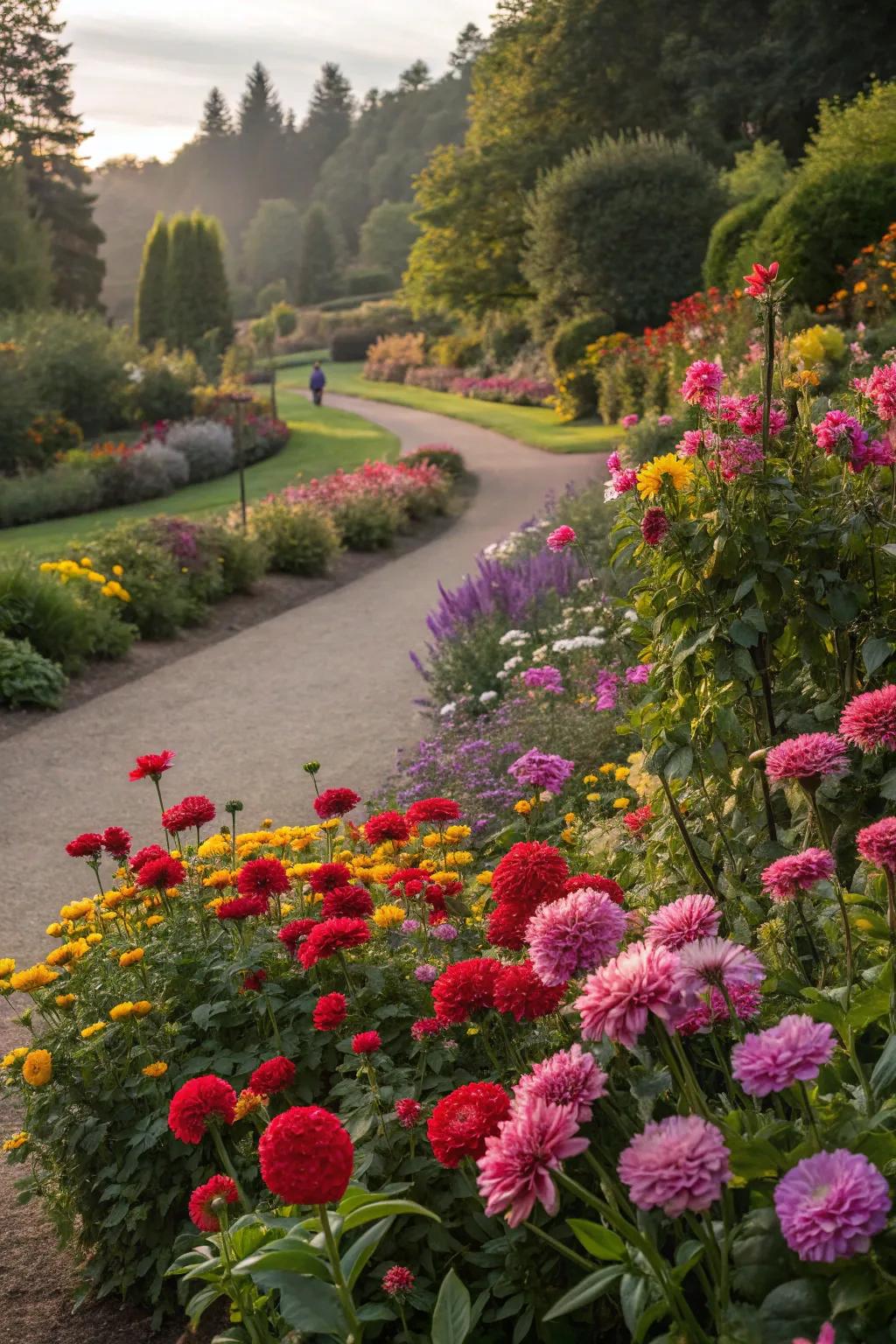 A colorful scenery of densely embedded flora crafts a striking garden exhibition.