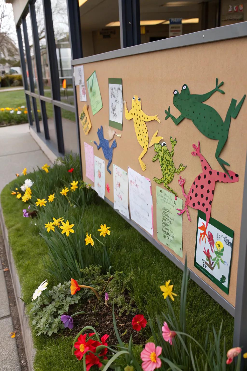 Playful frogs infusing energy into the spring notice board.