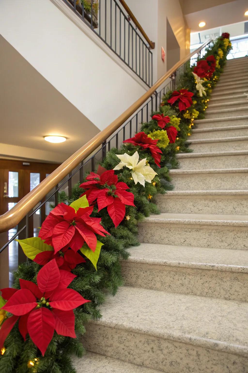 Vibrant seasonal blooms deliver celebratory cheer to the staircase.