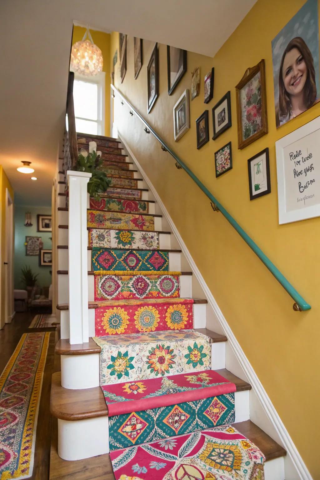A colorful runner infuses vibrancy and individuality into this stairwell.