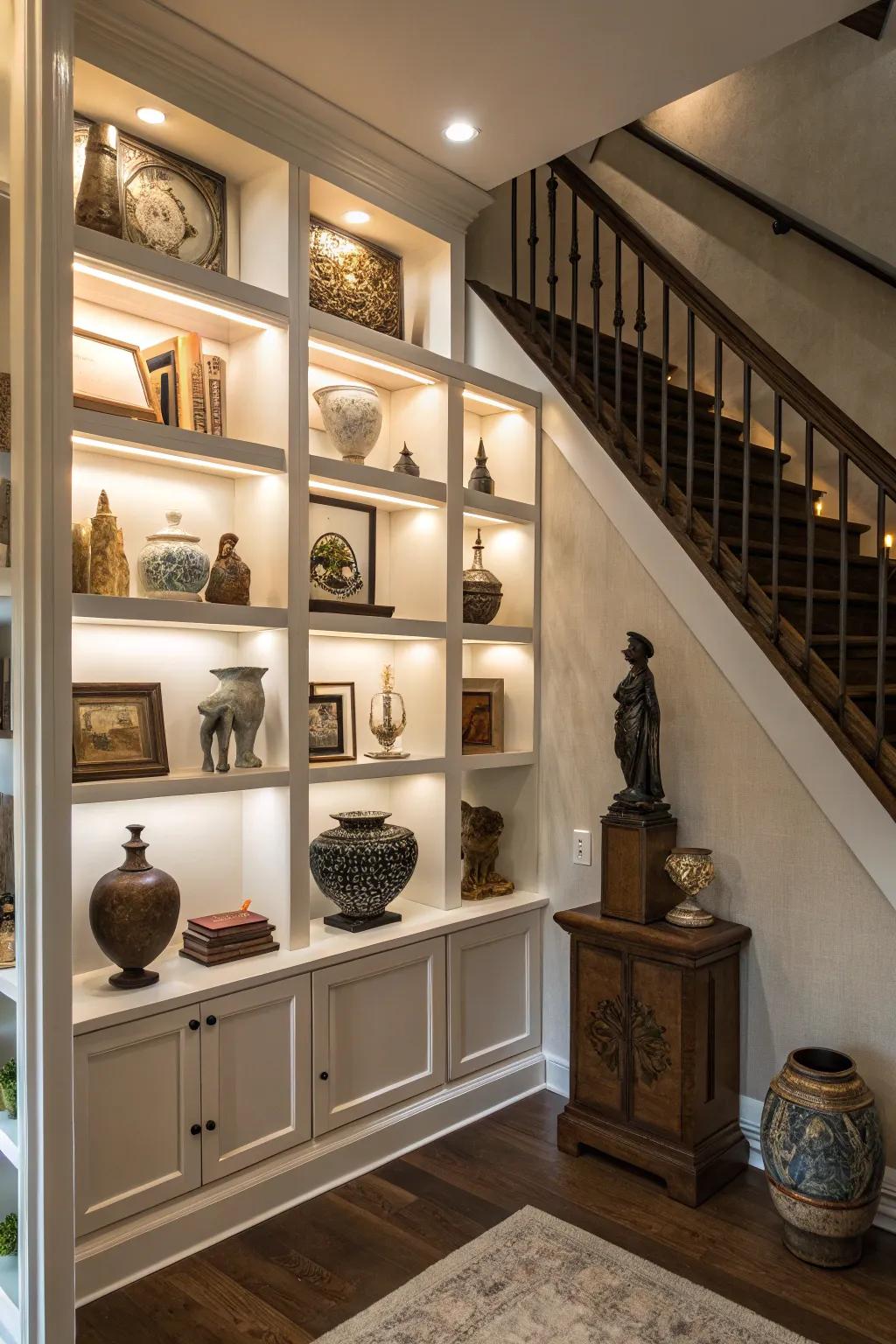 Exhibit your flair through display shelves beneath the staircase.