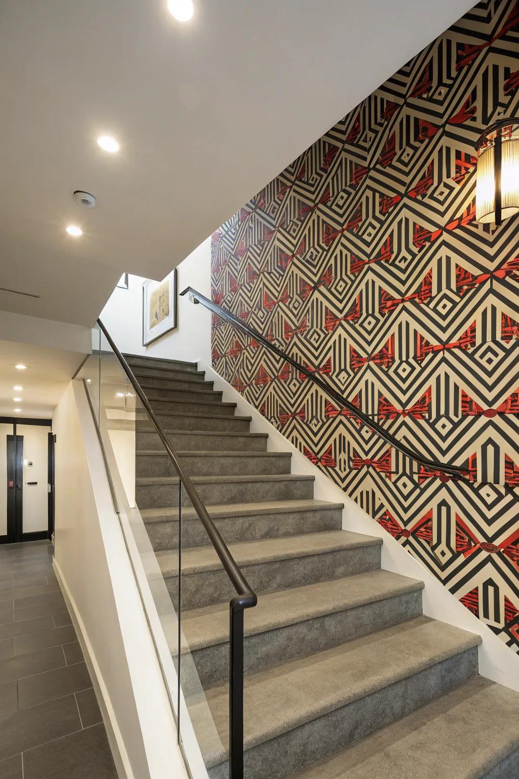 Striking wallpaper can emphasize your staircase.