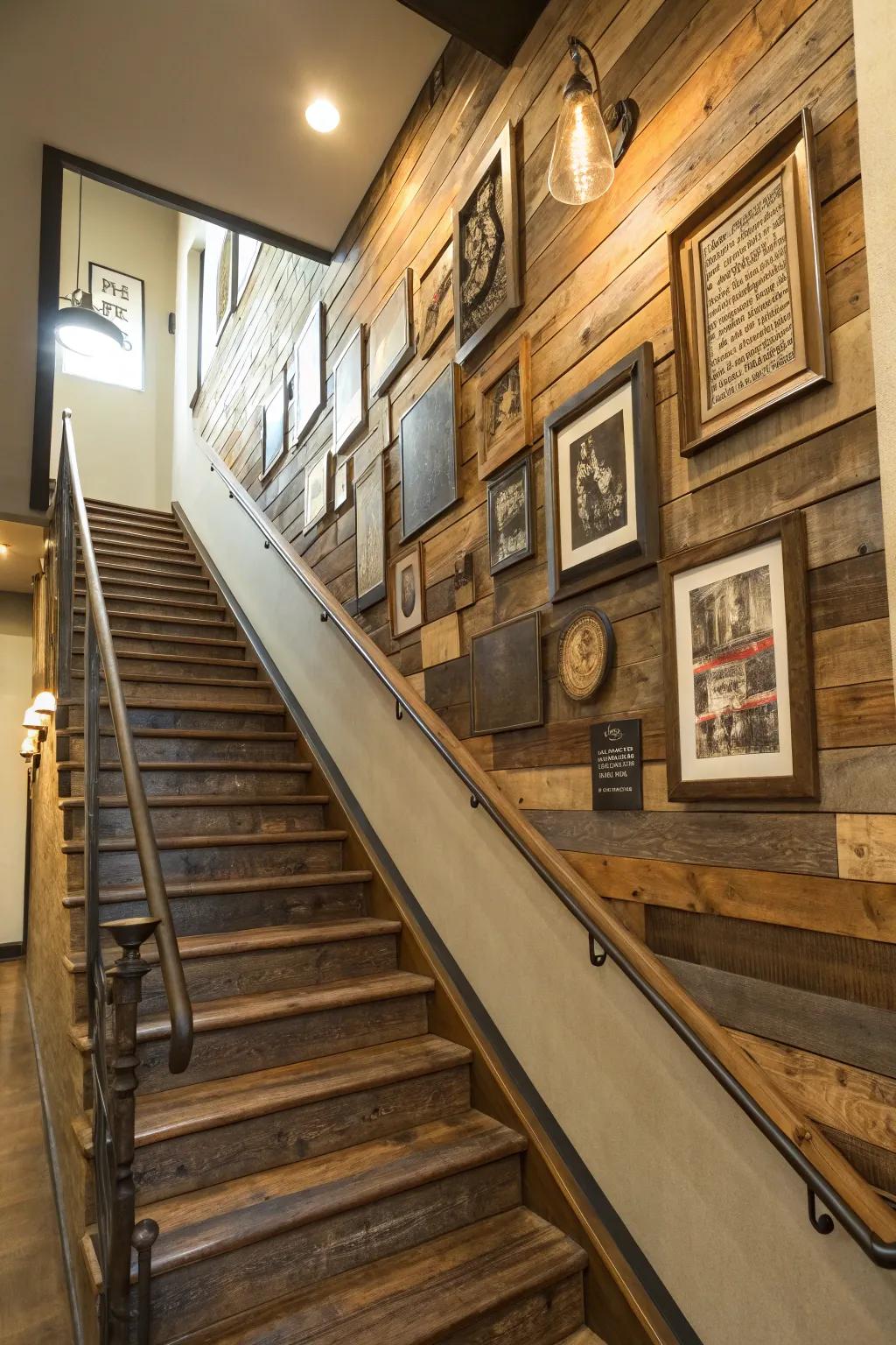 Creative media designs provide a distinctive and layered aesthetic to staircase walls.