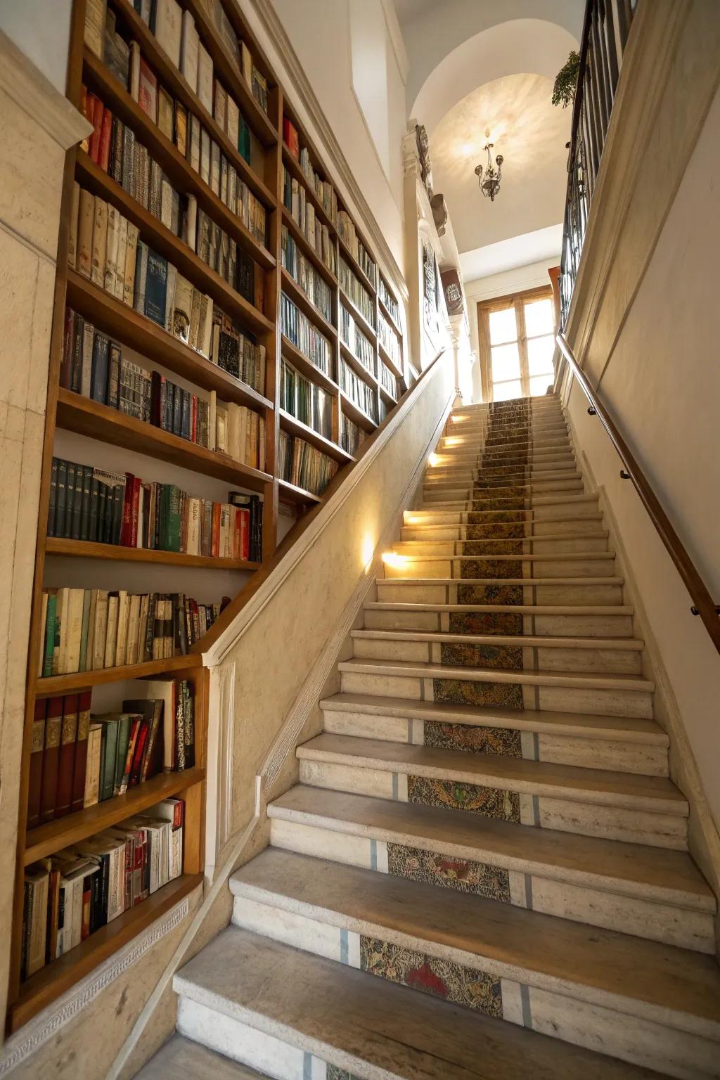 Establish a snug reading place using stairway book storage.
