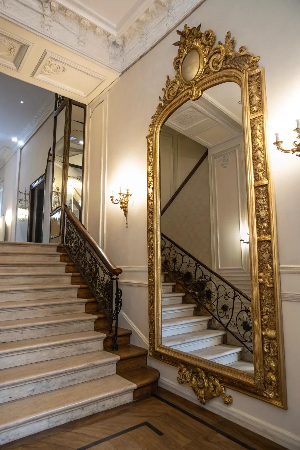 Reflect light and style with statement mirrors on your stairway.