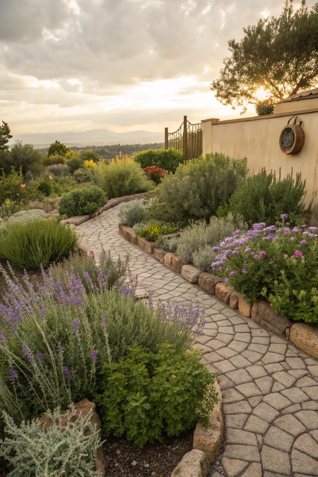 Herb garden featuring a Mediterranean paving stone stamped concrete perimeter