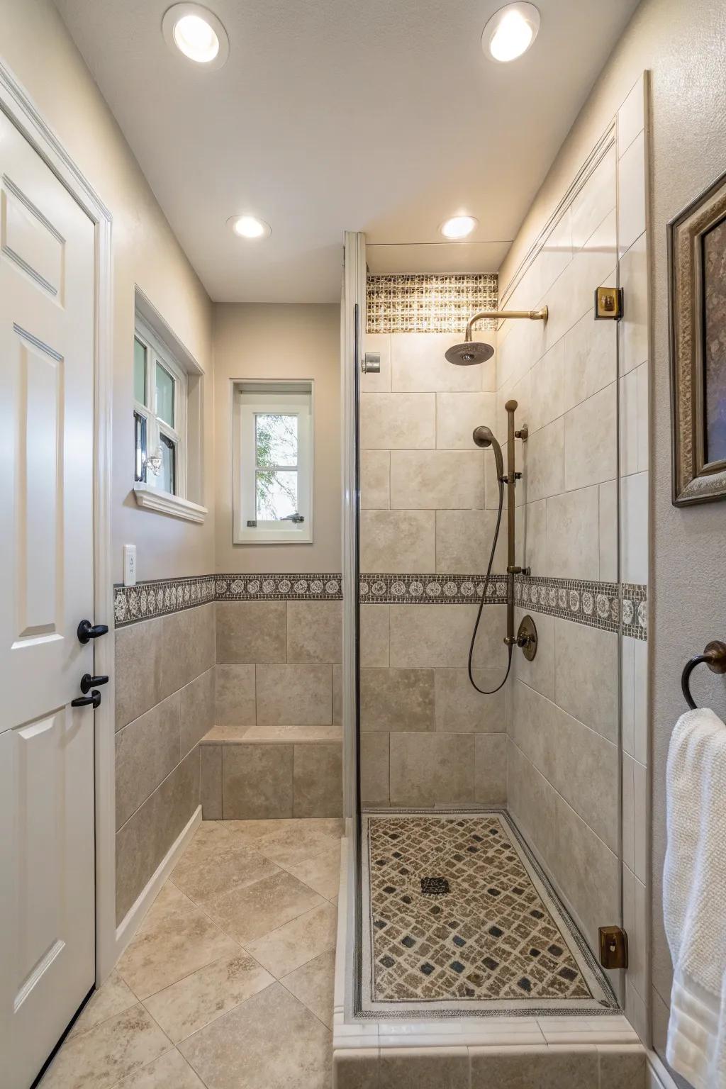 Neutral themes design a serene shower atmosphere.