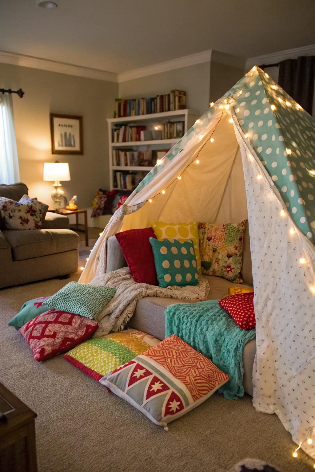 Relive childhood fun by building a cozy blanket shelter for two.