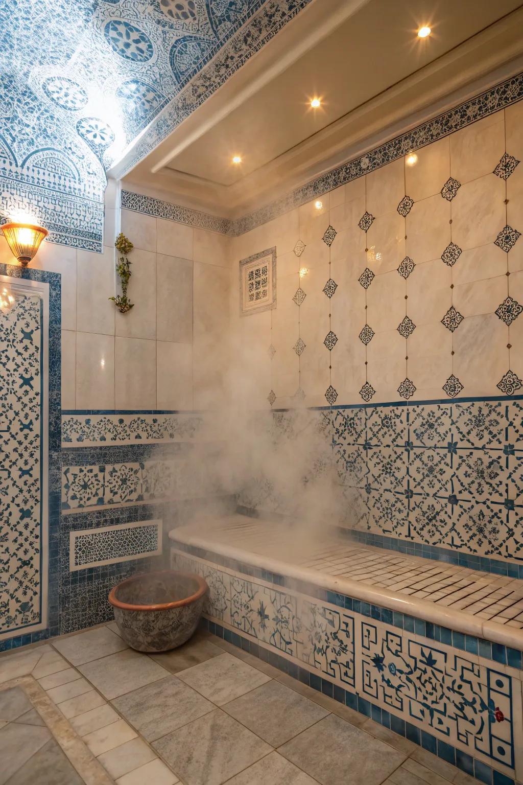 Ornamental tiles add character and visual interest to steam enclosures.