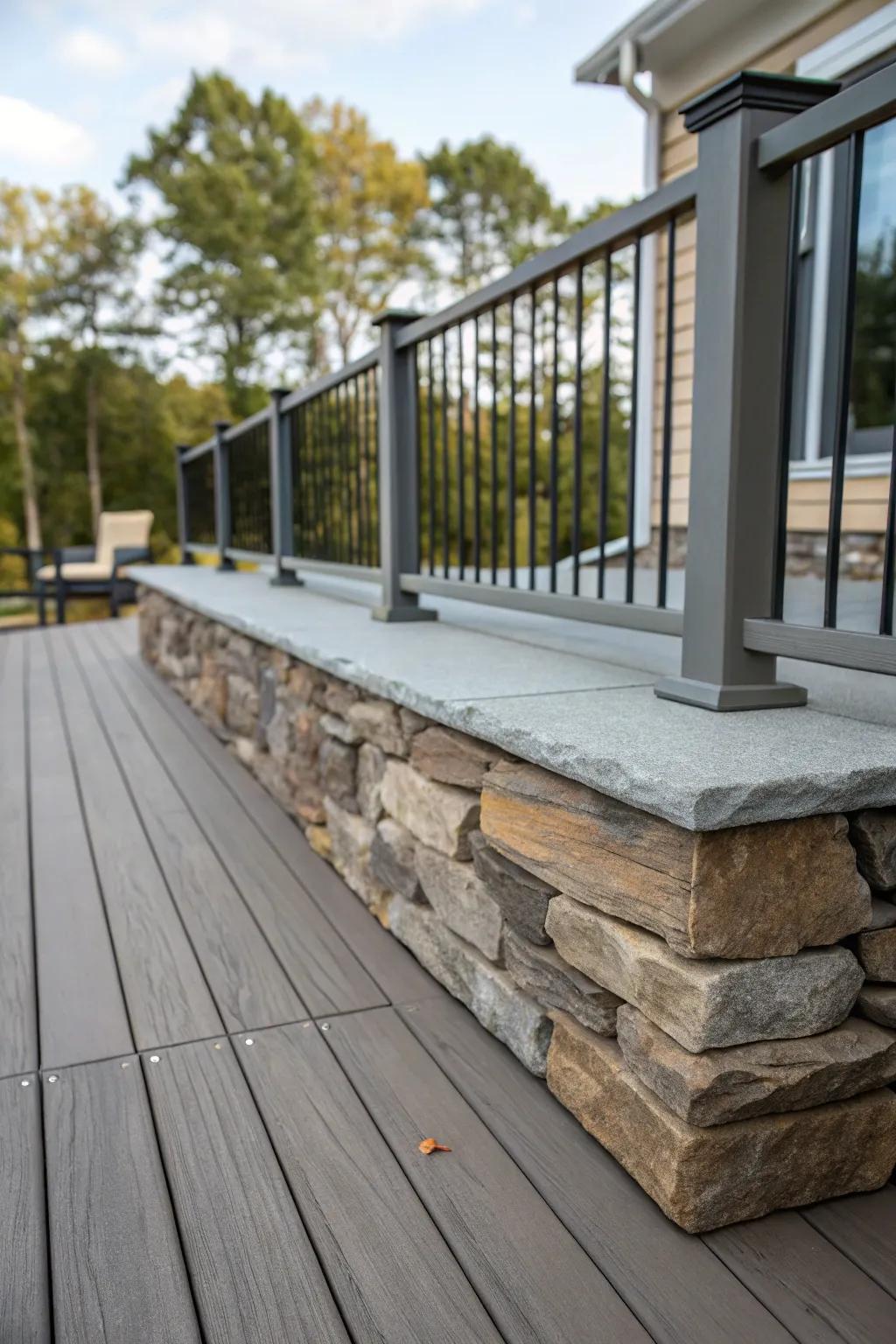 A well-balanced fusion of contemporary and rustic elements in rock skirting.