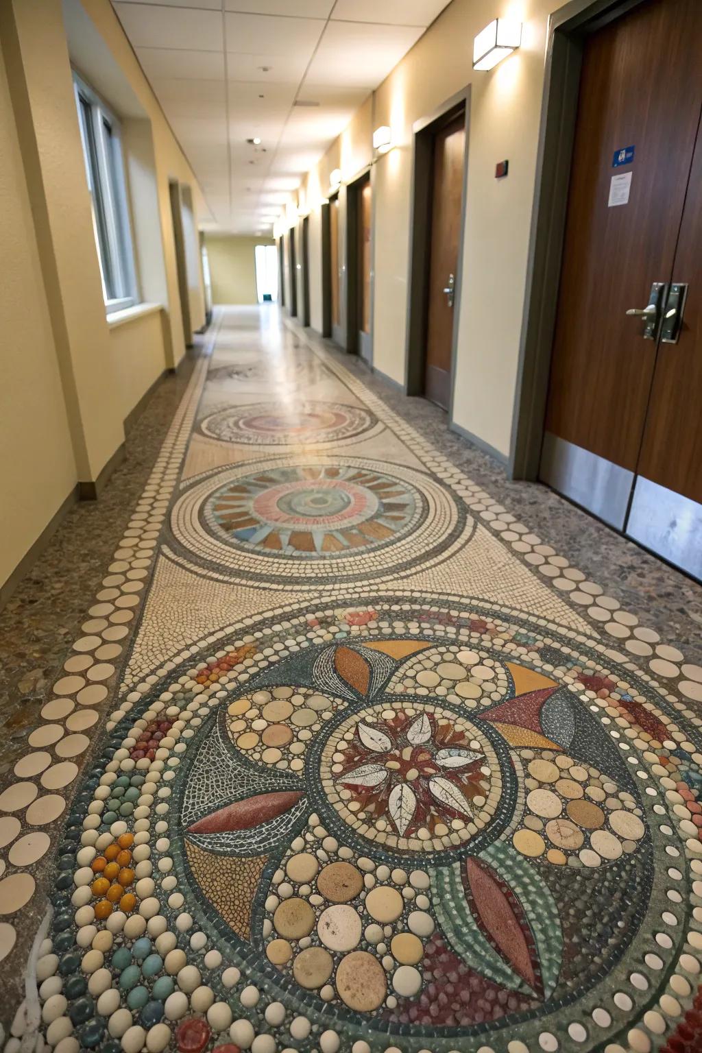 Detailed gravel mosaic artwork creating a focal point.