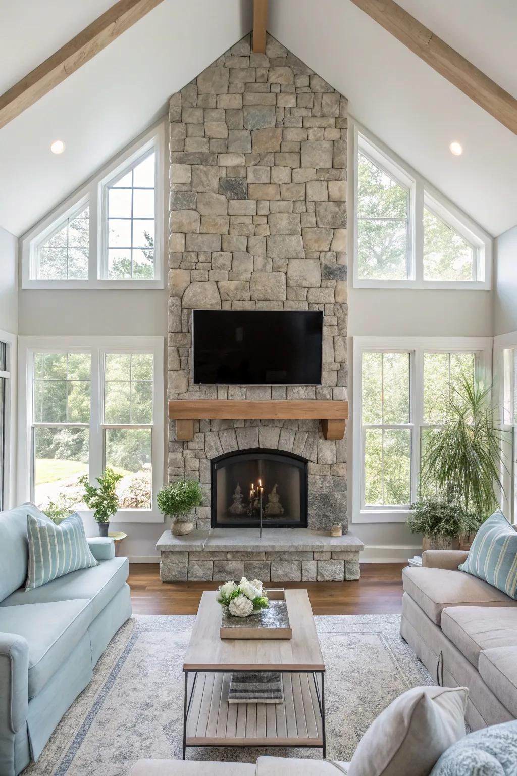 Bathe your masonry hearth in inherent illumination for a bright and airy room ambiance.