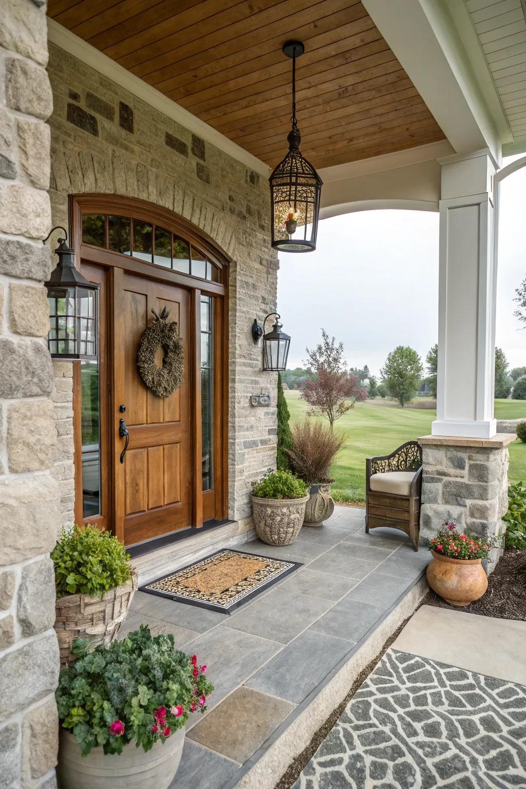 Rock-framed doors make a bold and welcoming statement.