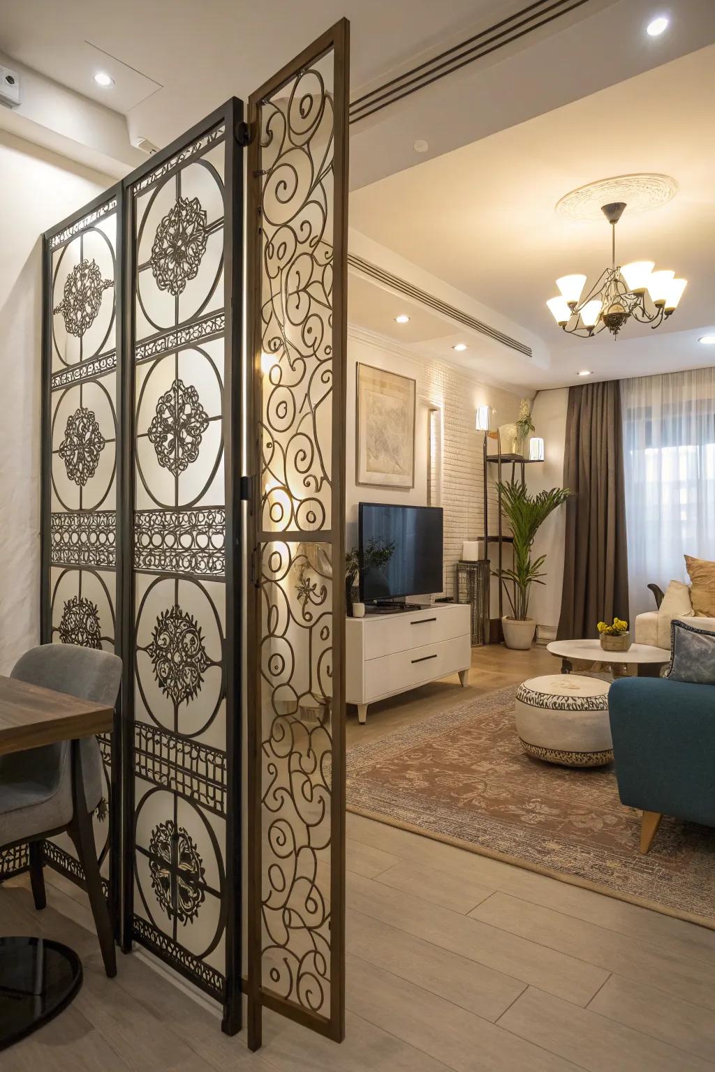 Ornamental screens enhance panache and function to a studio.