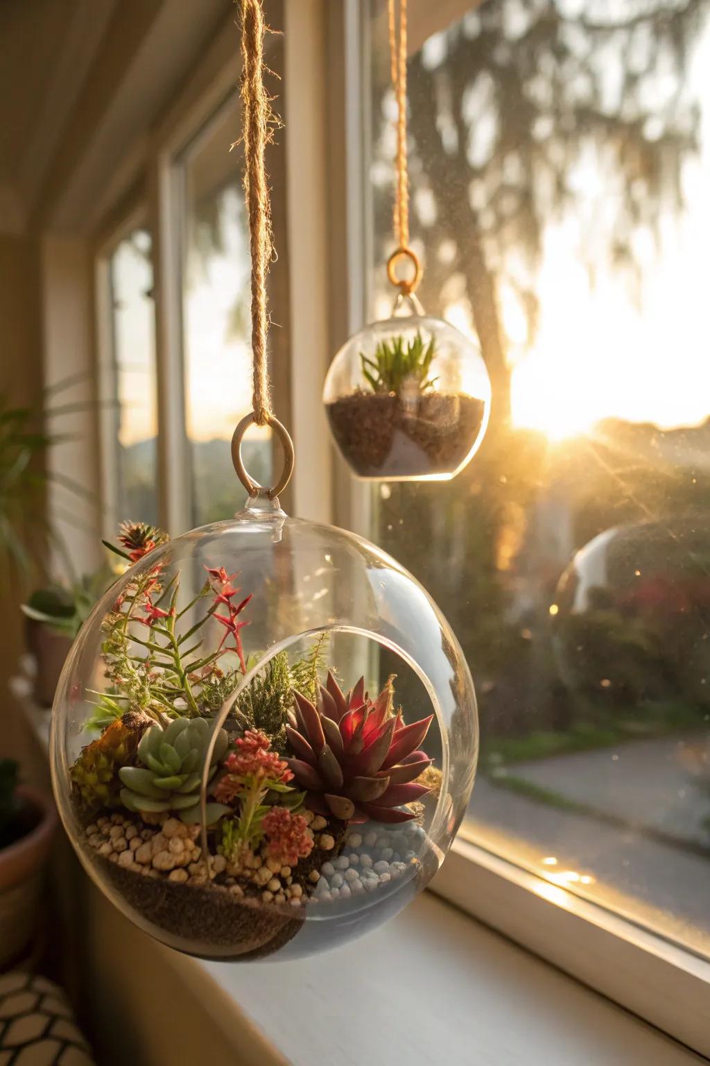 Glass globes containing succulents produce enchanting light effects.