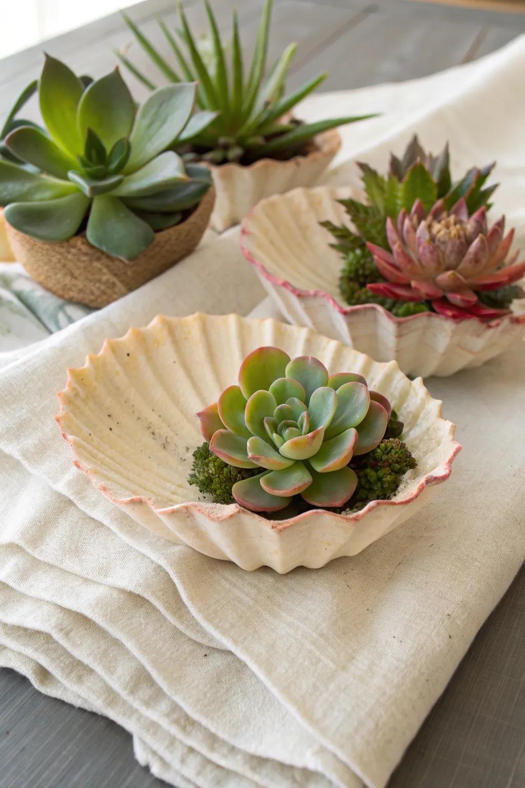 Ornamental shells conceive a coastal-inspired succulent spectacle.
