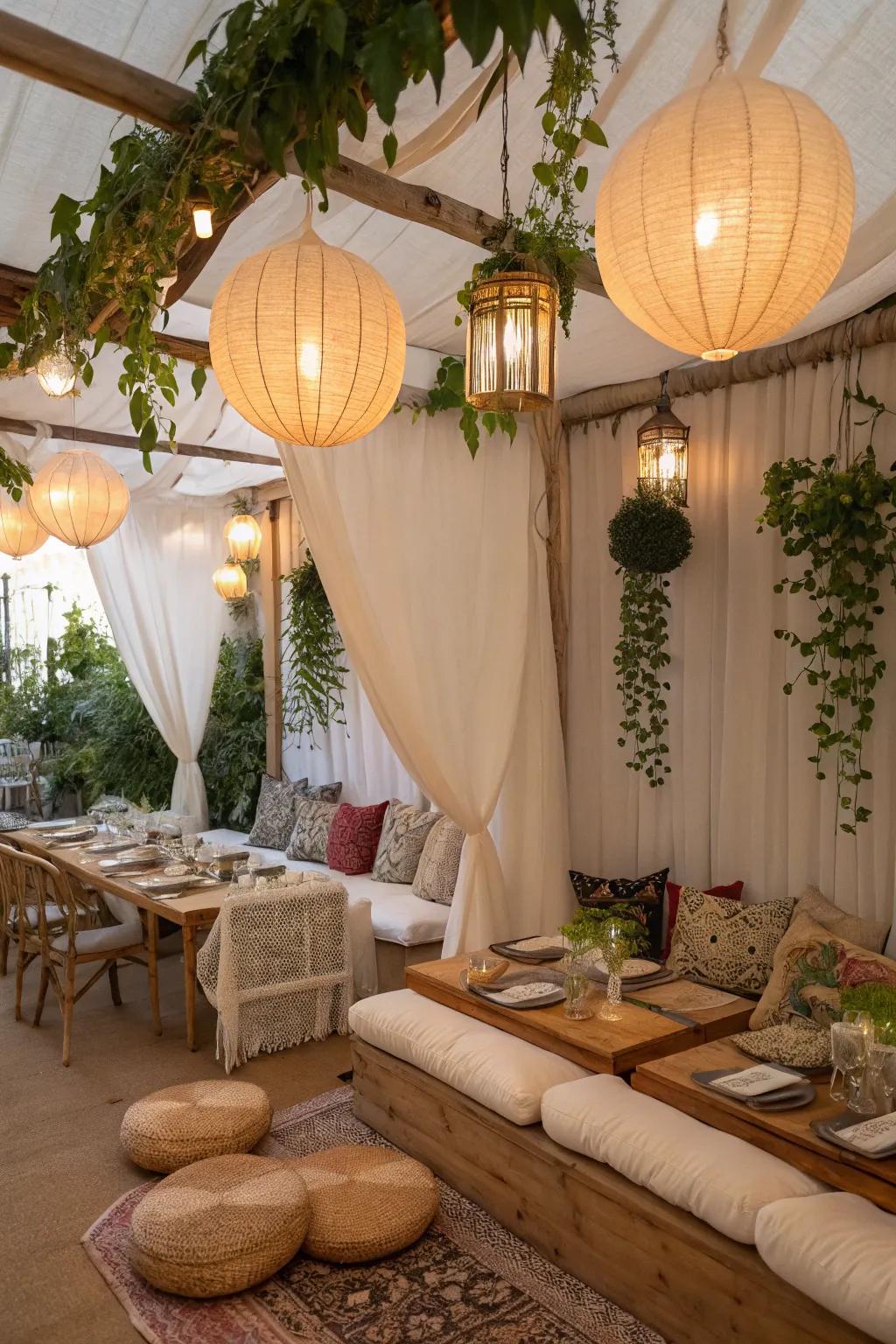 An inviting dining space within a sukkah, complete with cozy padding and spacious styling.
