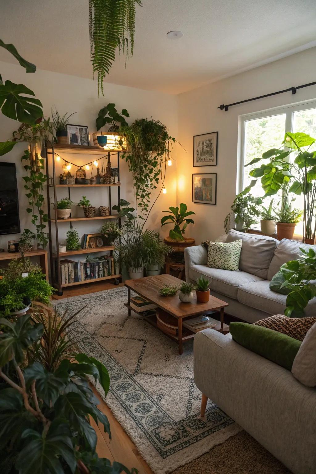 A sunken living room with indoor plants.