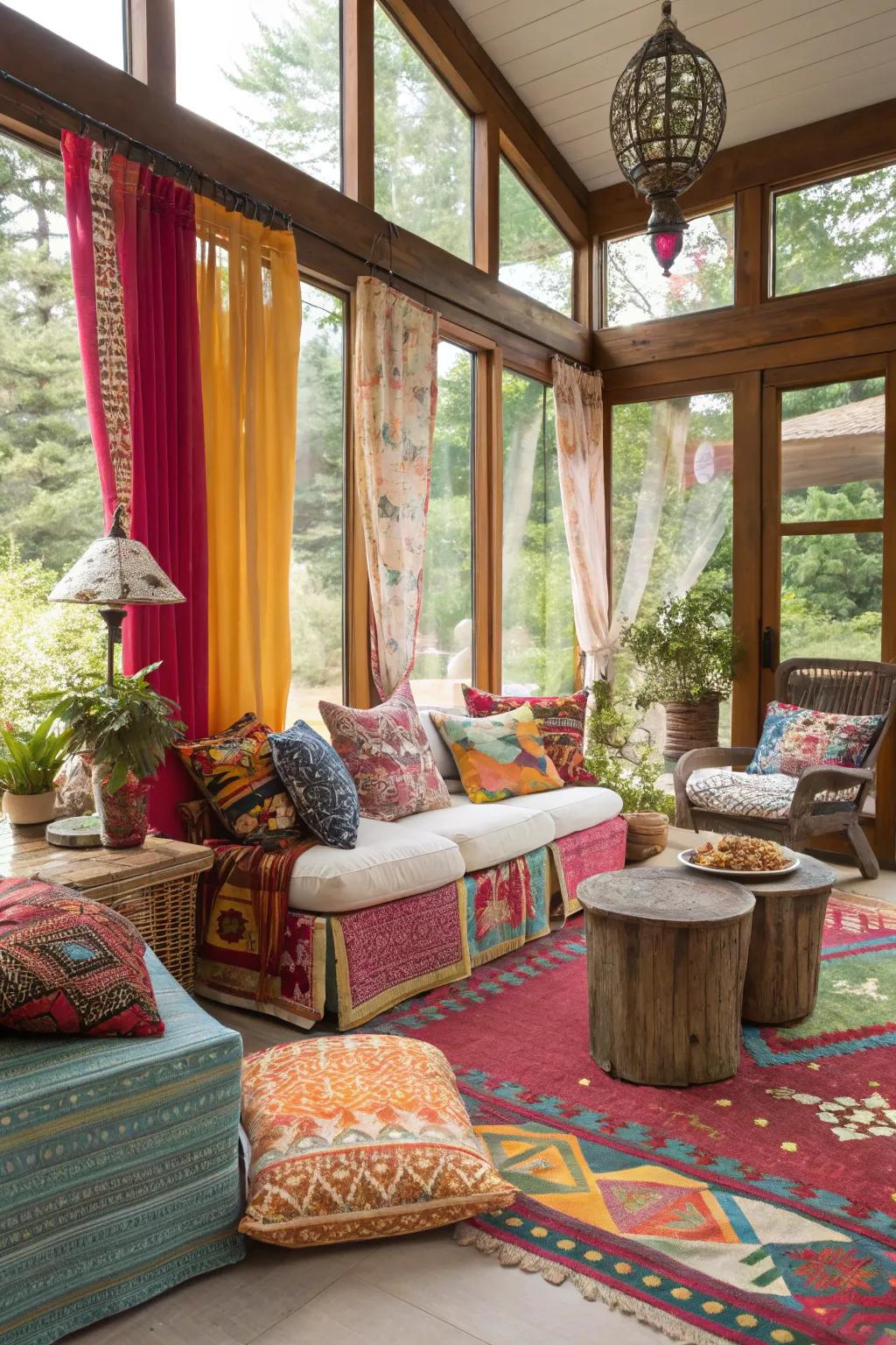 A sunroom radiating free-spirited charm with vibrant textiles.
