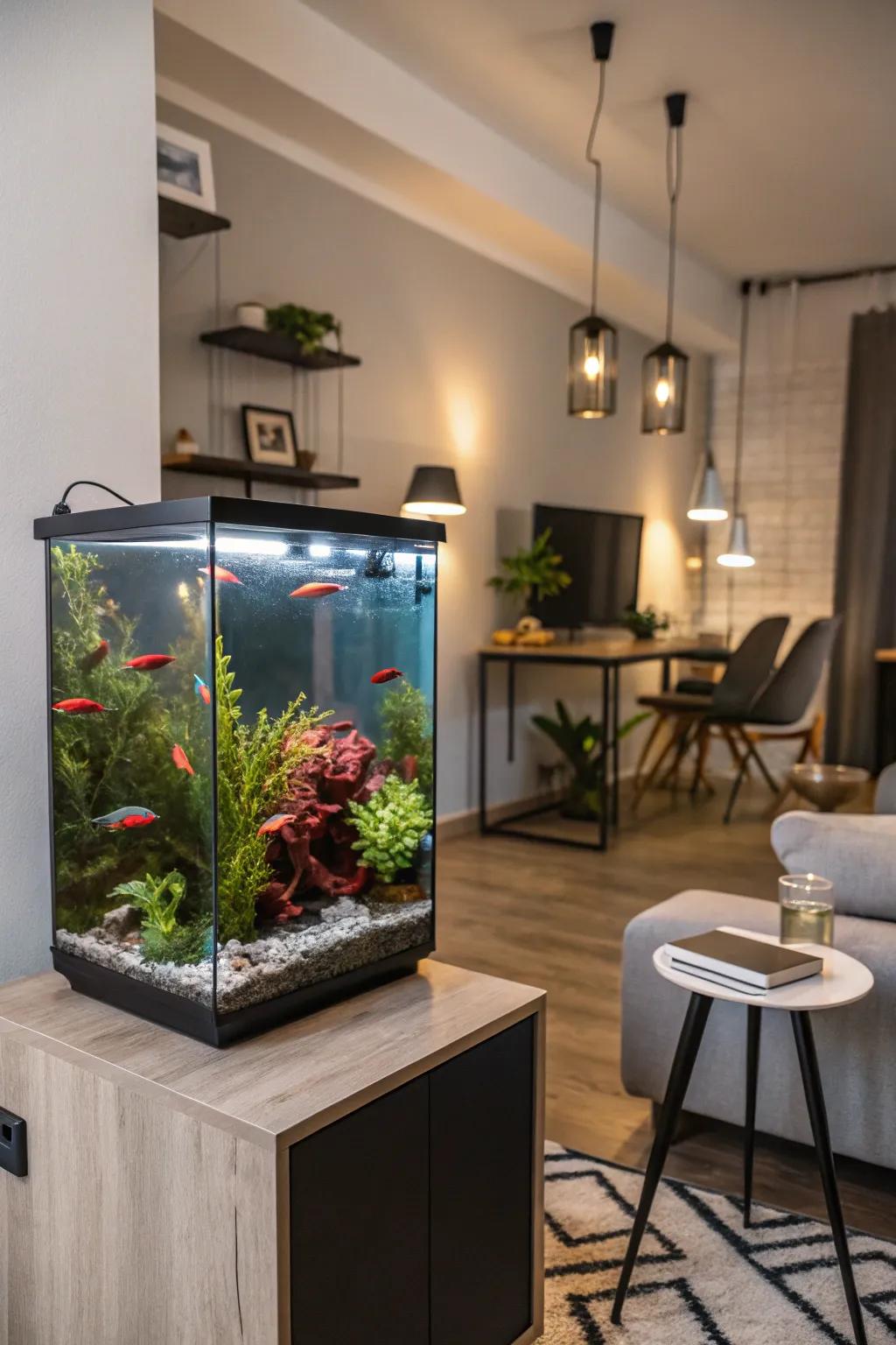 A small-scale towering aquarium fitting impeccably within a restricted area.