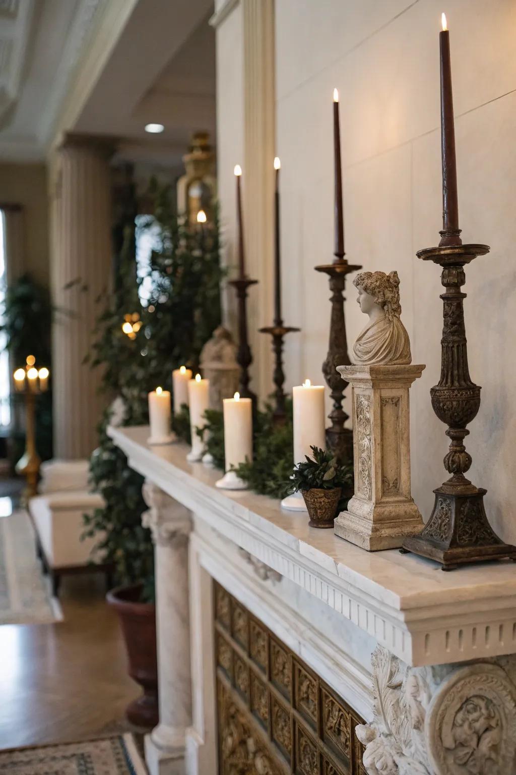 A high mantel with vertical components, featuring light stands and statuettes to accentuate height.