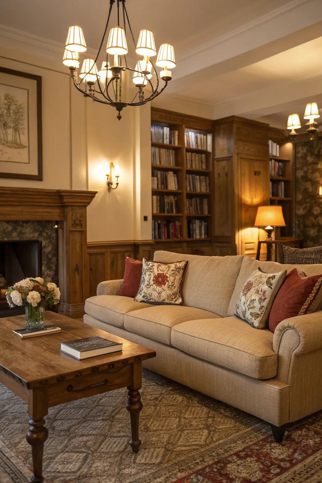 Lighting showcases the beige sofa and fosters a cozy atmosphere.