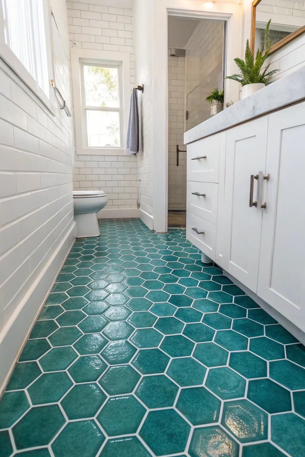 Incorporate geometric interest with cerulean honeycomb tiles.