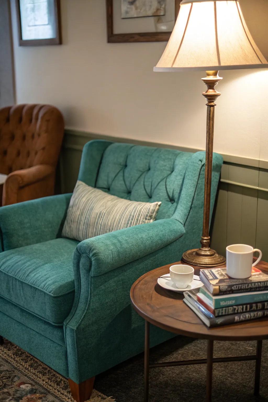 A cobalt small settee establishes a charming and intimate alcove.