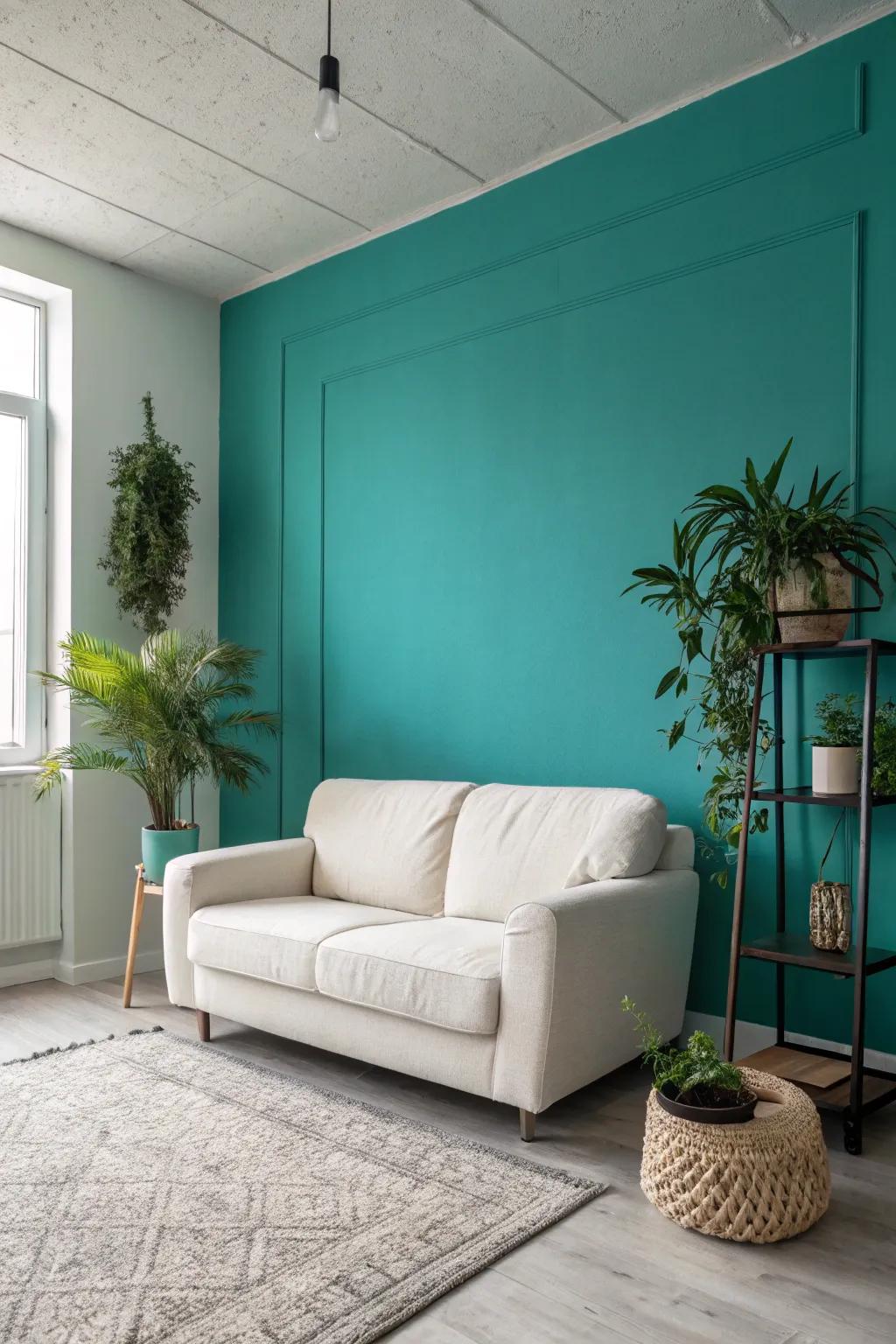 Minimalist room showcasing a striking turquoise feature wall.