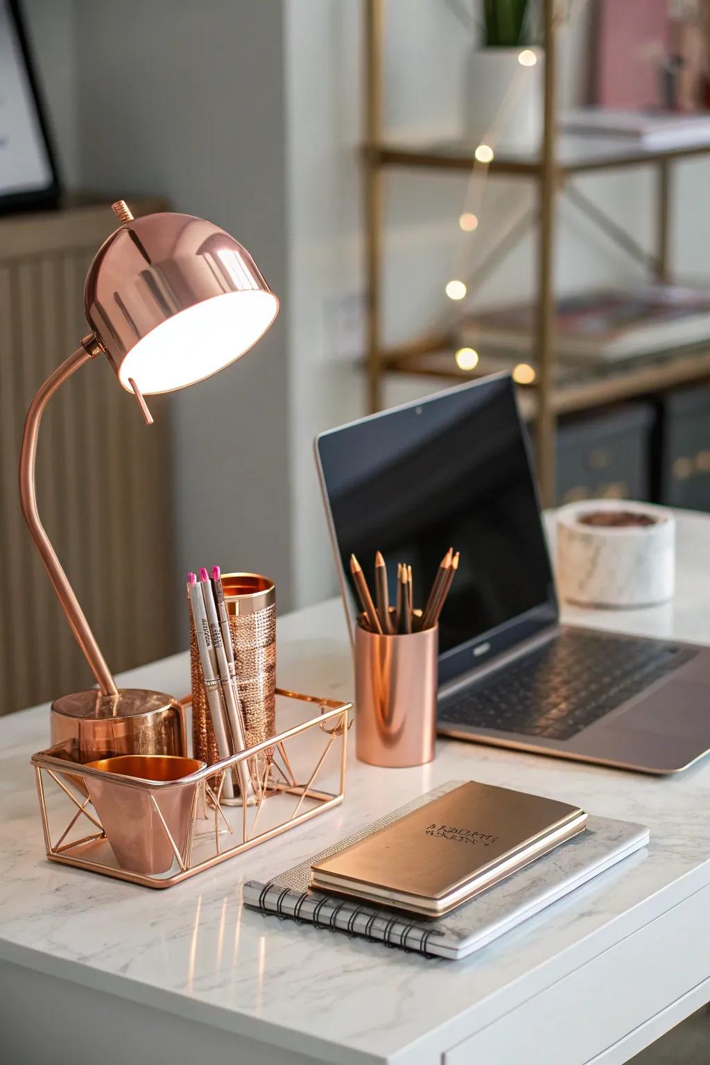 Rose gold stationery adds a stylish touch to study areas.