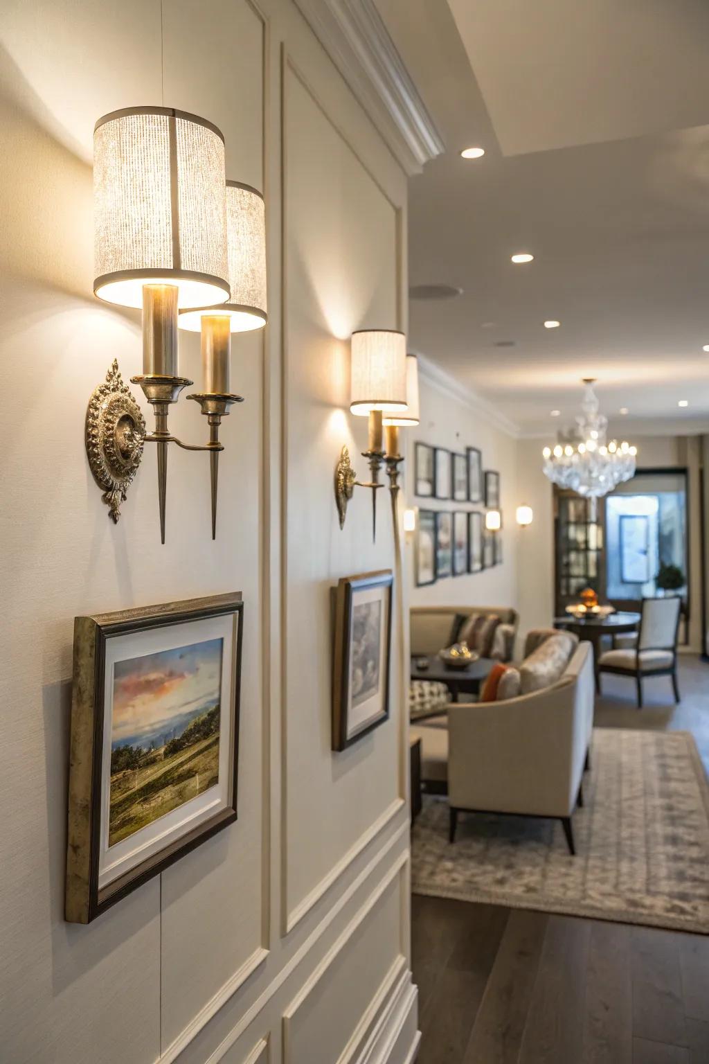 Elegant wall lights illuminate artwork on a modular wall.