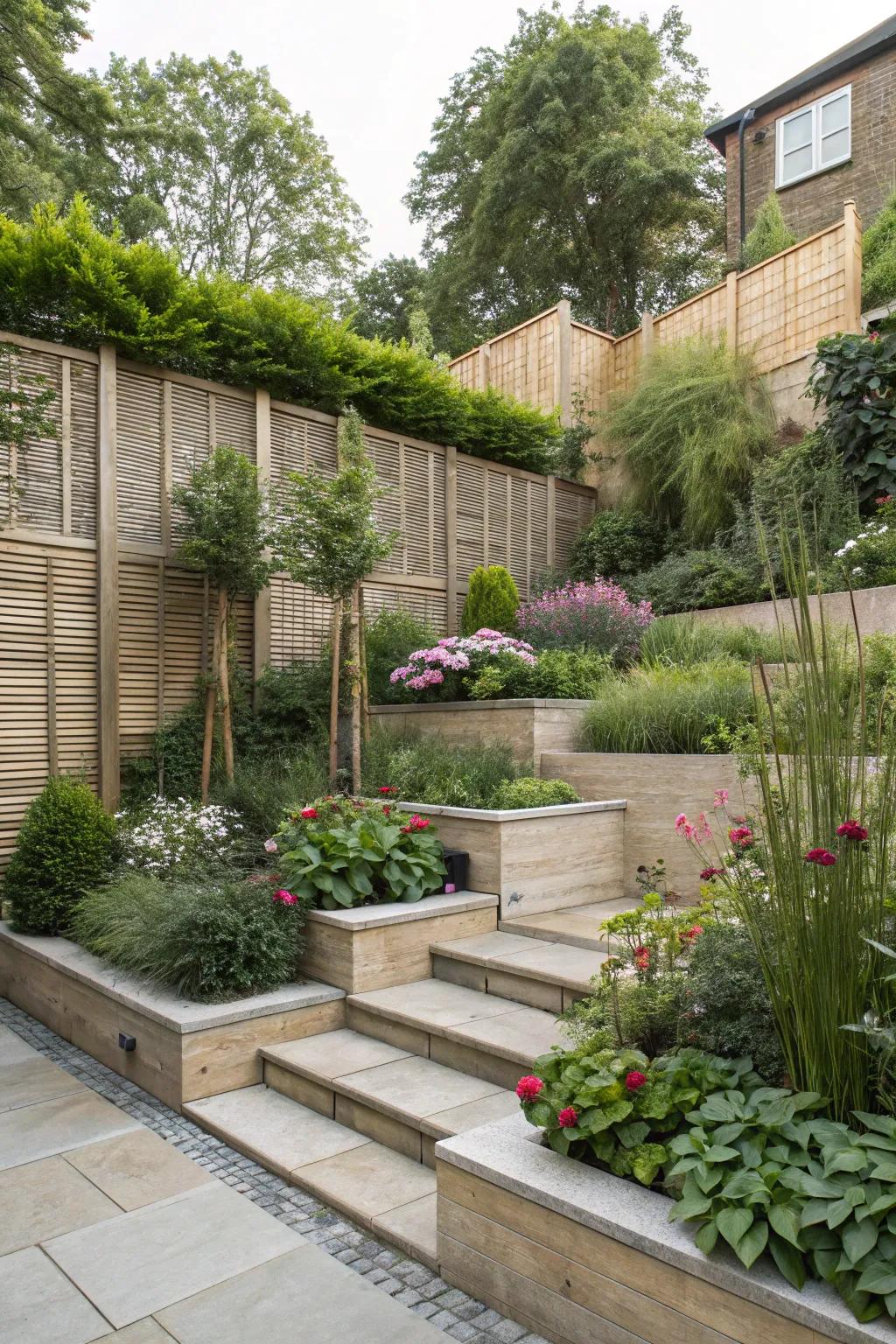 A layered garden with seclusion elements, offering secluded and intimate open-air spaces.