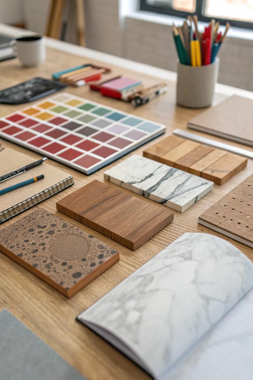 A compilation of texture swatches offers countless inspiration in this creative workspace.