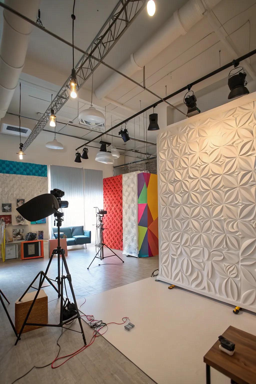 This studio boasts walls textured with dynamic 3D designs.