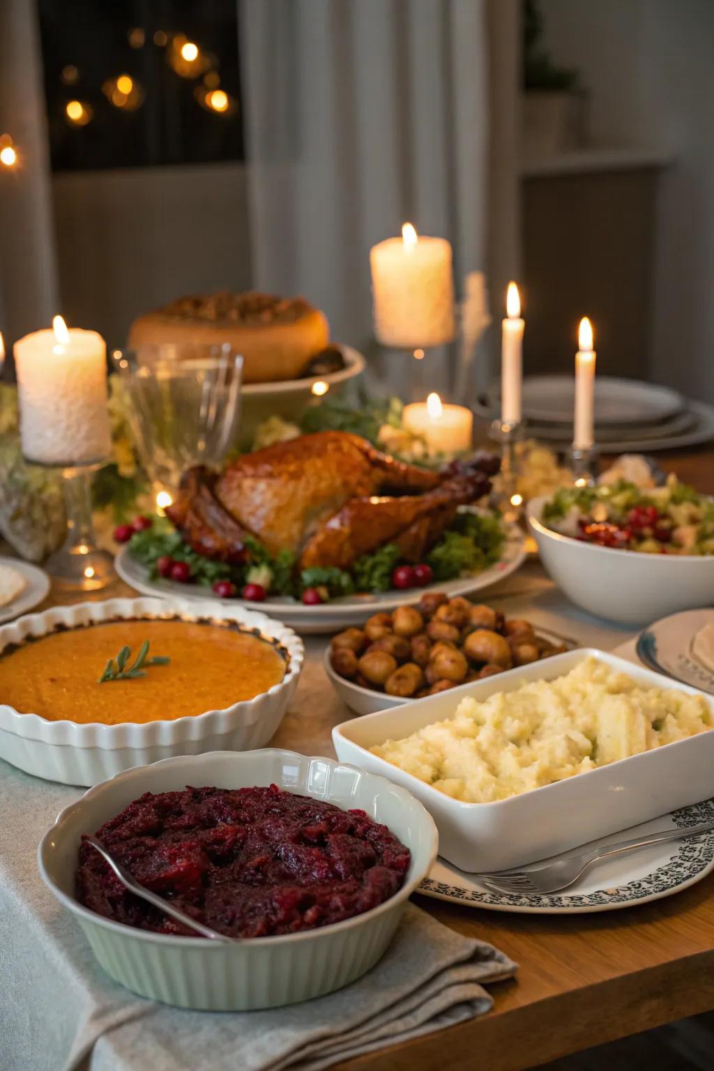 Candlelight casts a warm and welcoming glow on the buffet.