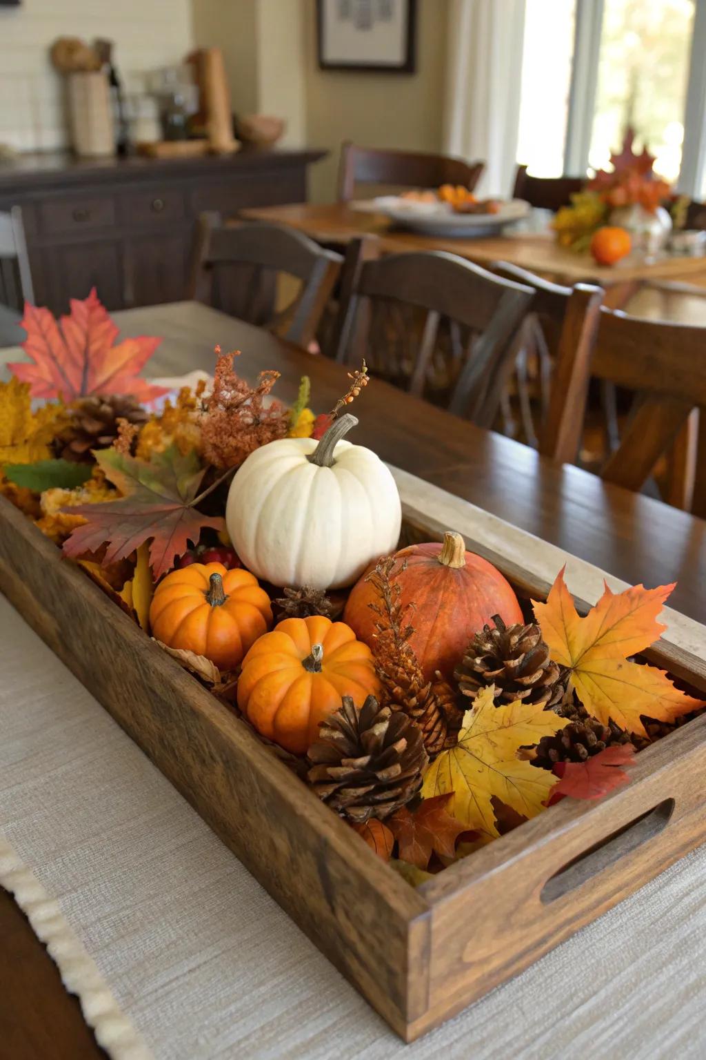 A timber tray serves as an impeccable platform for your centerpiece.
