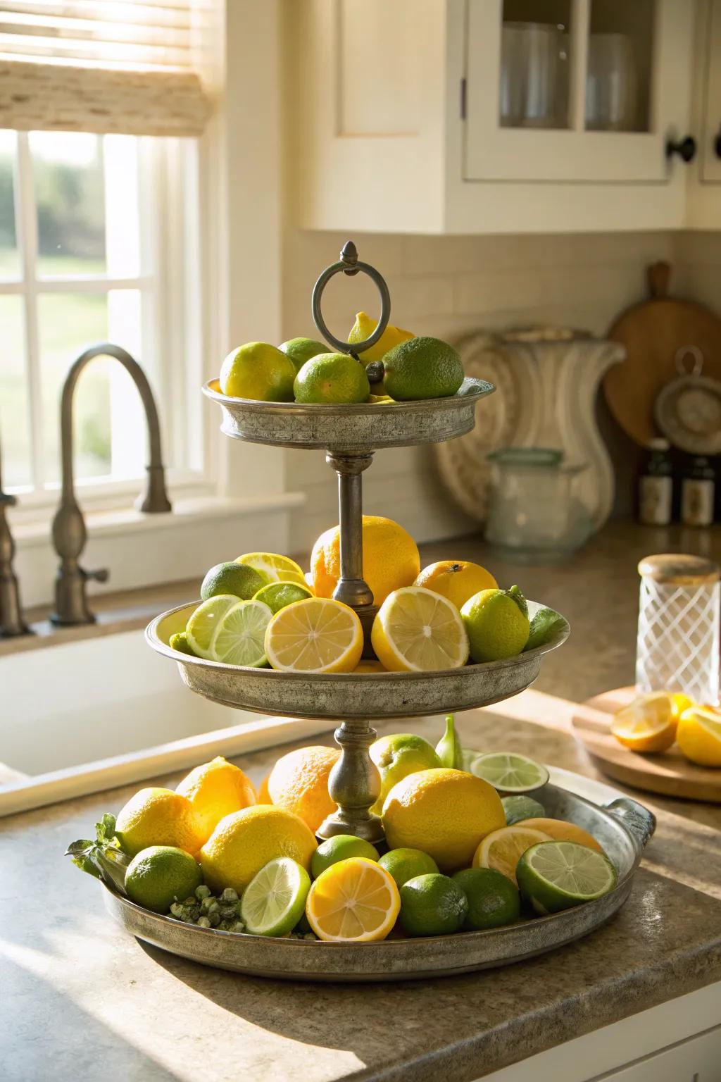 A summertime-themed tiered display erupting with citrus freshness.