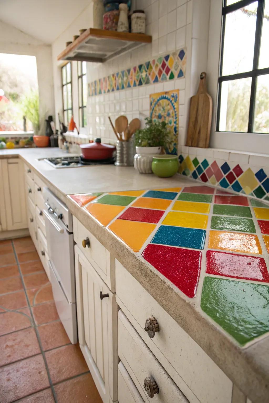 Colorful tiles contribute a lively touch to this kitchen.