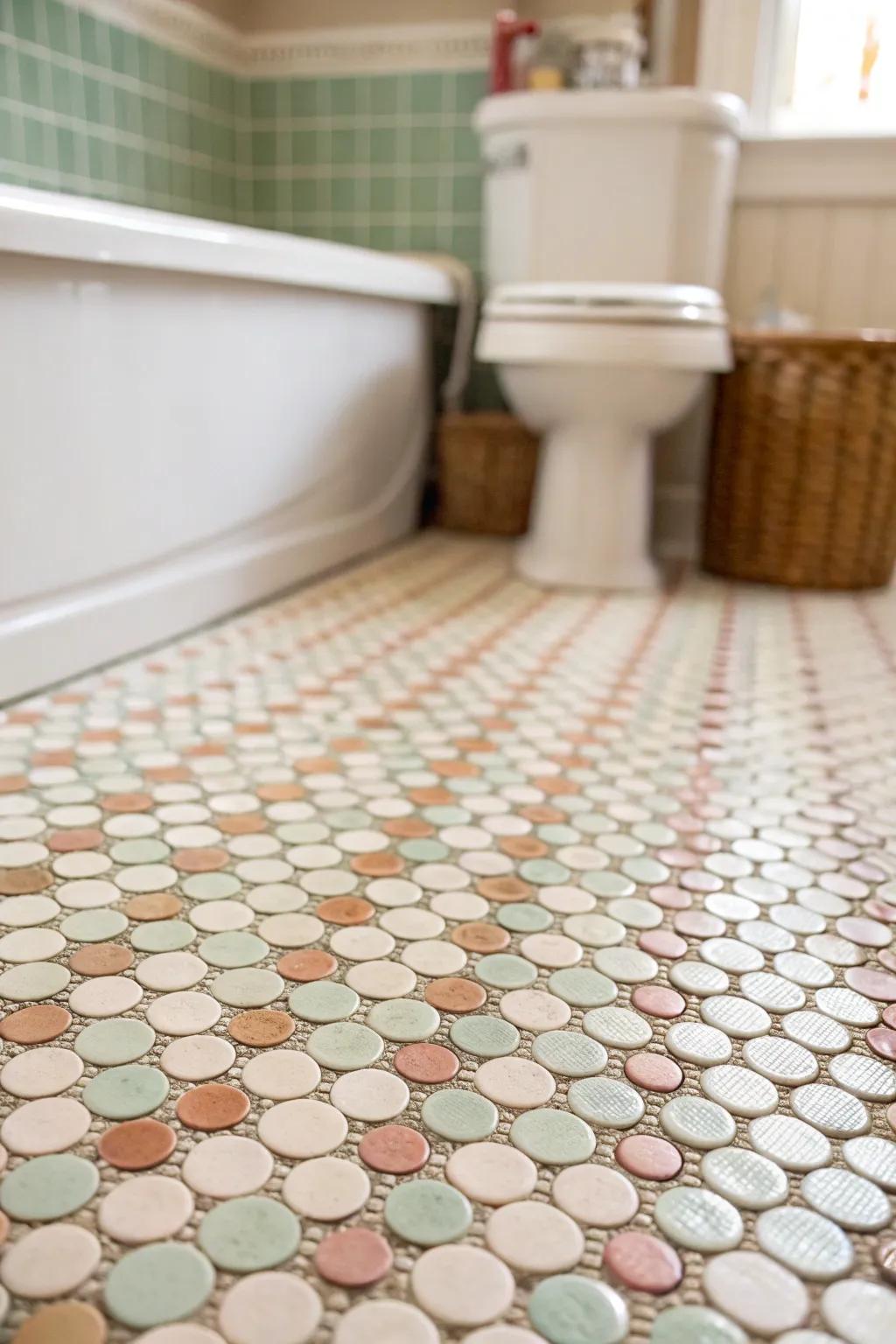 Small circular squares infuse a playful, vintage allure into this washroom.