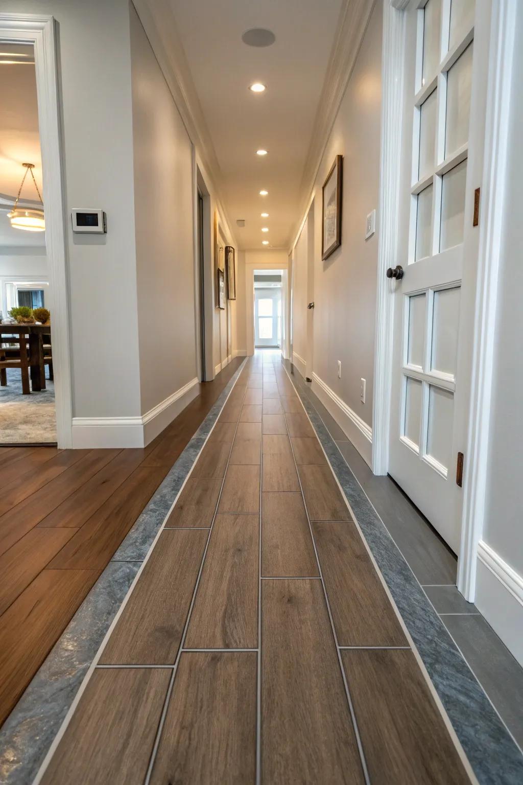 T-molding creates a seamless transition between tile and hardwood floors.
