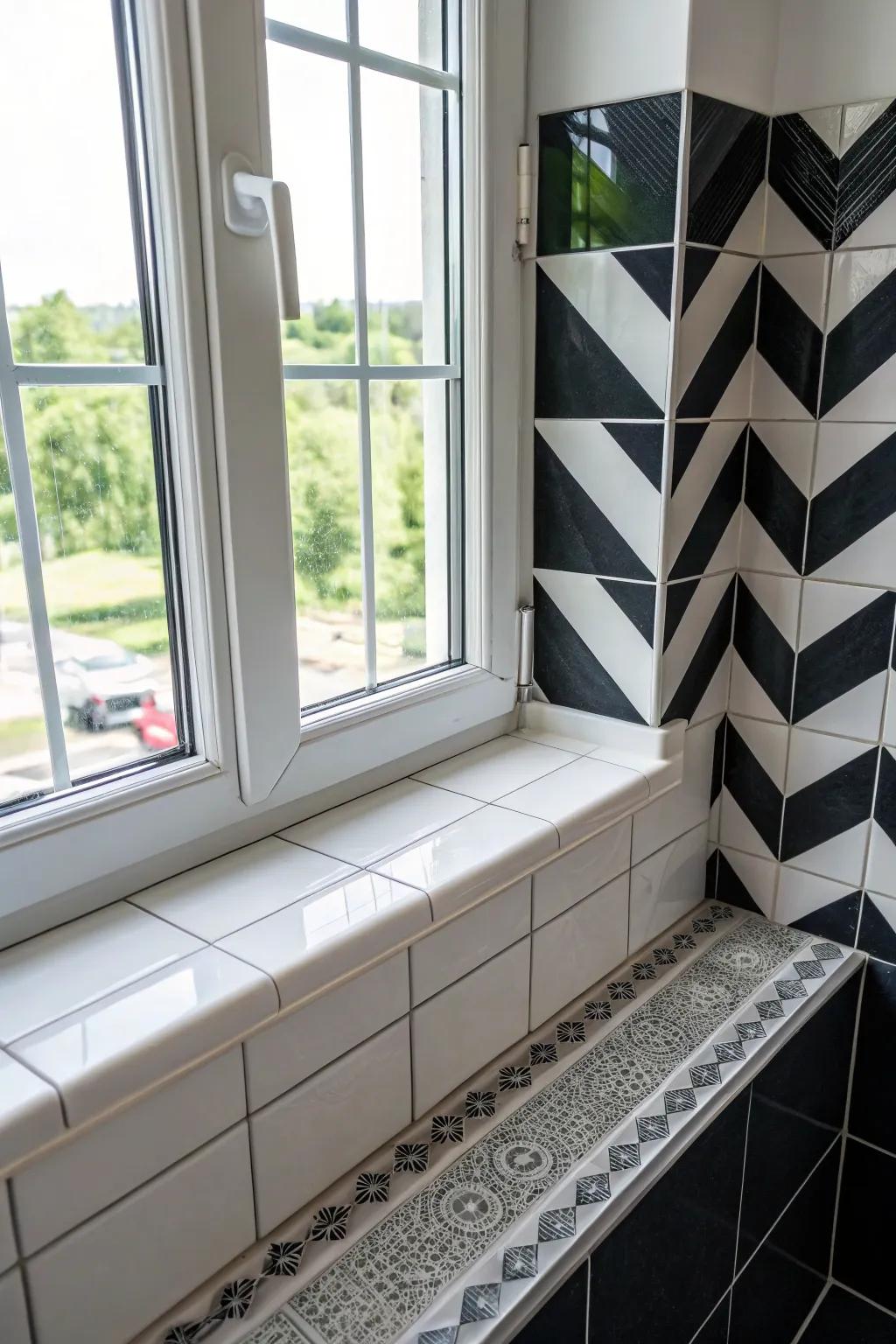 Daring contrasting tiles make this window sill a prominent feature in the bathroom.