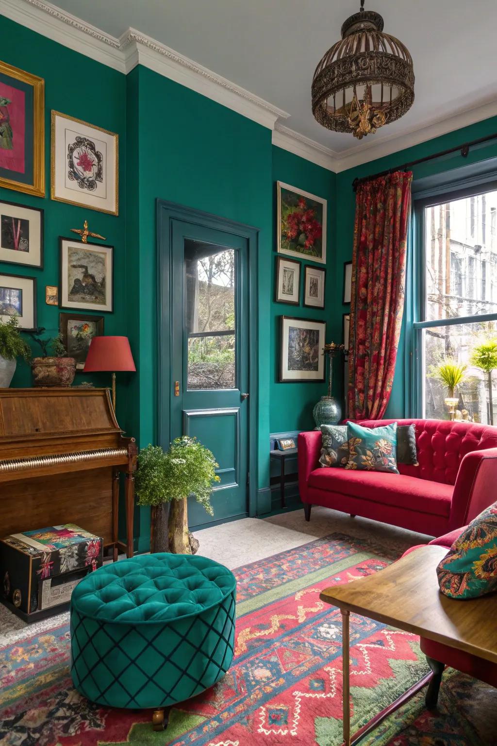 A townhouse bursting with colors thanks to the jewel-toned decor.