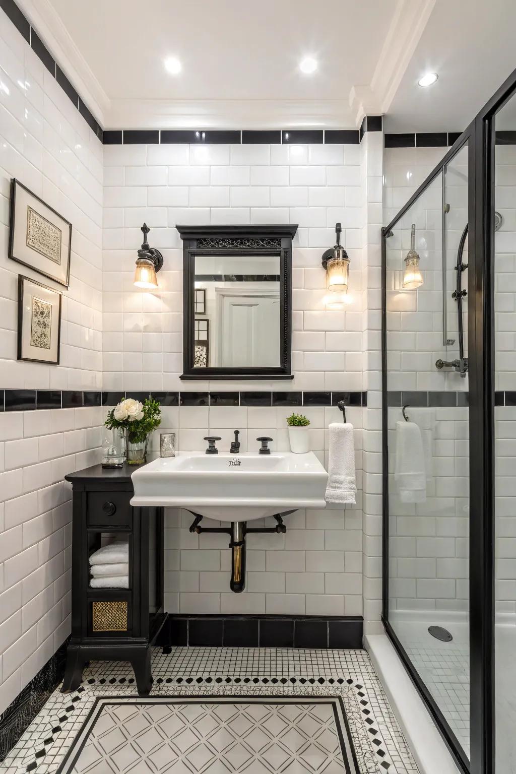 A white bathroom featuring sophisticated dark highlights that creates striking contrast.