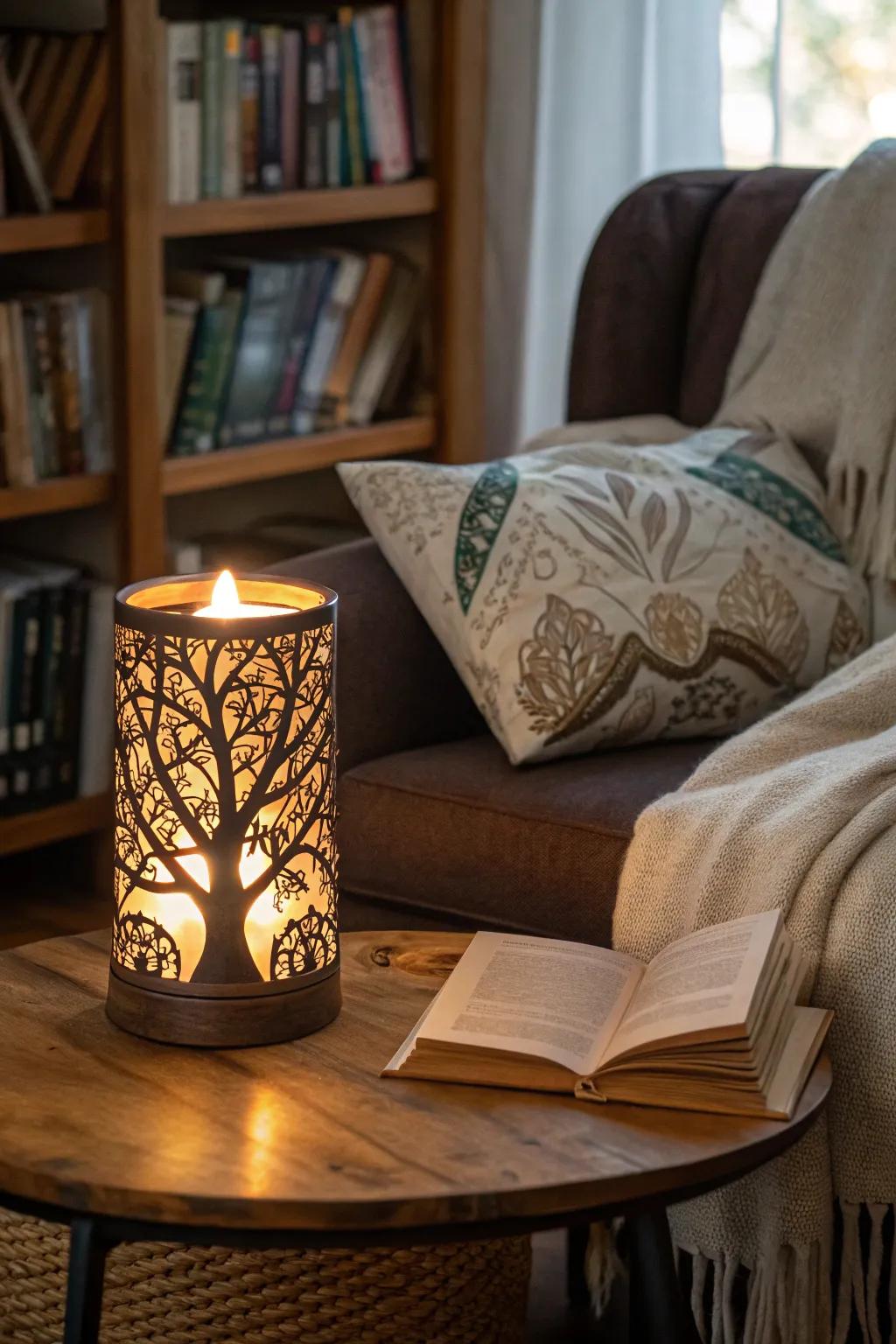 In a reading nook, a Arbor Vitae wax holder emits a cozy glow.