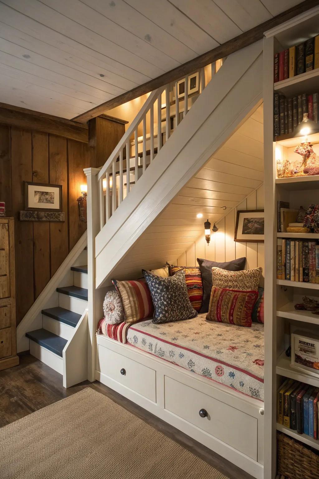 Smart use of space with a triple bunk tucked under the stairs.