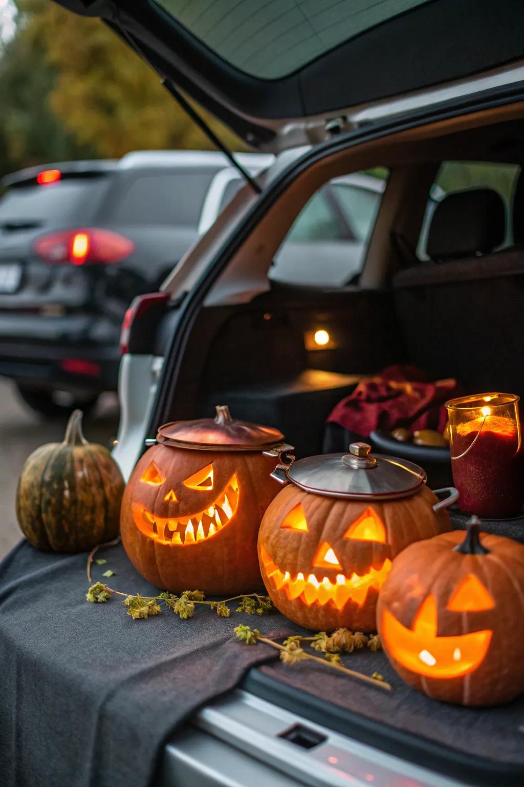 Gourd vessels illuminate the night infused with spooky charm.