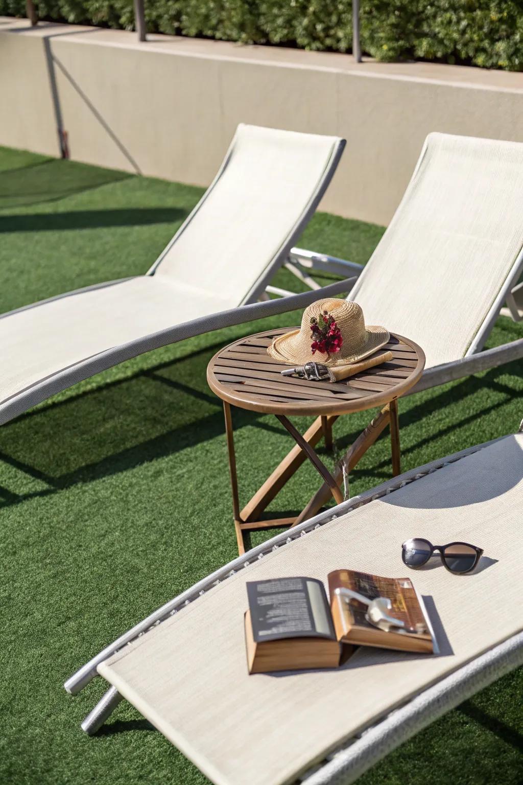 A sun-drenched synthetic lawn area ideal for sunbathing.