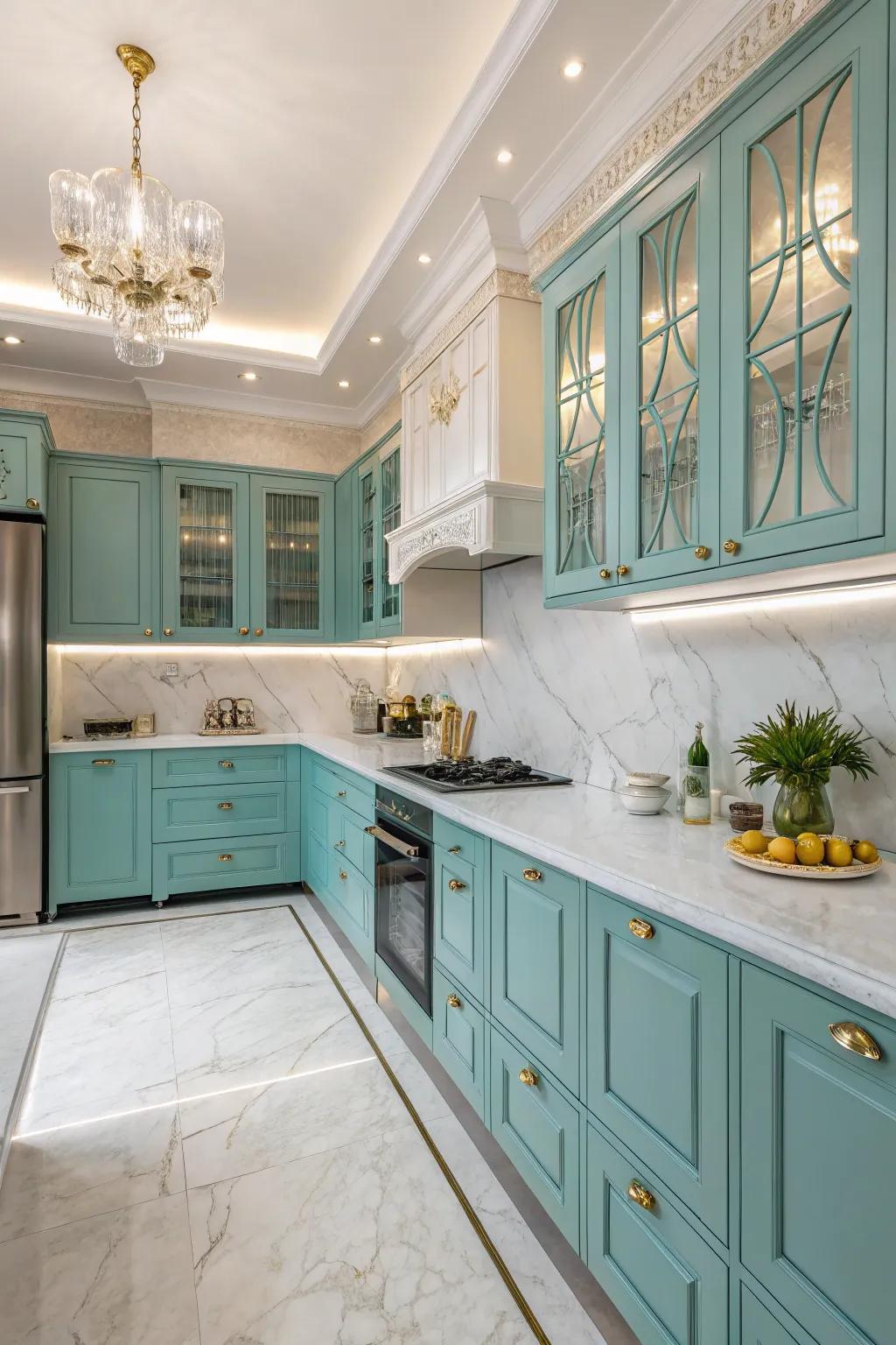 Marble countertops delivering a sleek comparison to turquoise cabinetry.