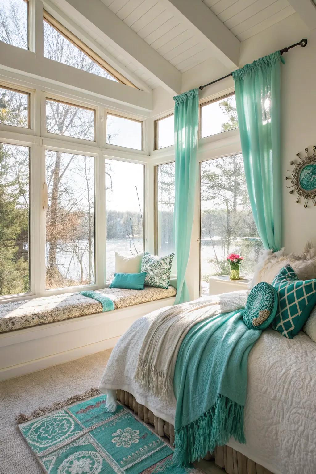 Natural light highlights vibrant teal hues.