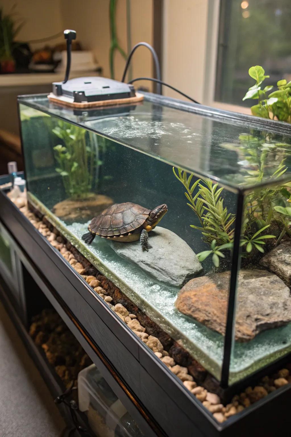 Floating basking spaces offer exercise and relaxation for your turtle.